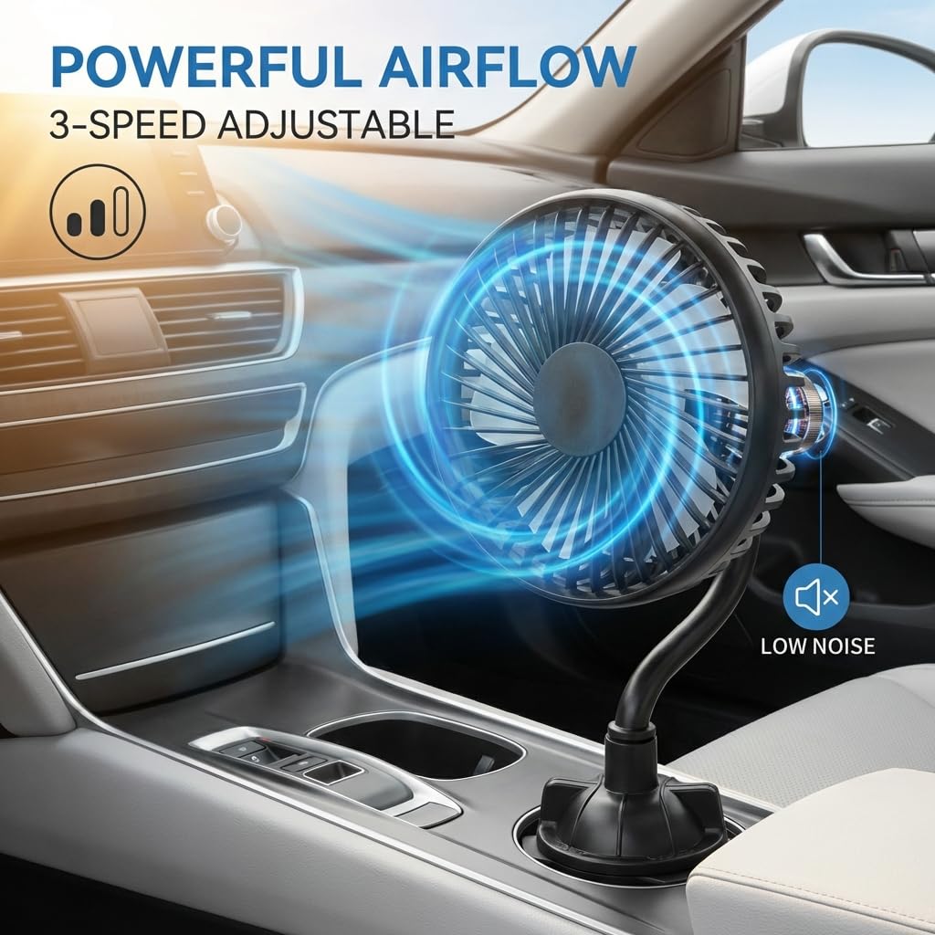 USB-betriebener Autoventilator mit Schwanenhals, geräuscharm, 3 Geschwindigkeitsstufen, verstellbar, tragbarer Wagenventilator für Getränkehalter im Auto, 12,7 cm (5 Zoll) Durchmesser, 360°-Drehung, Fahrzeugkühlung