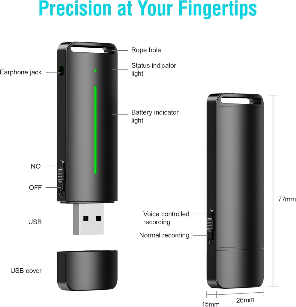 Sprachgesteuertes Aufnahmegerät, Diktiergerät, Sprachmemo-Gerät, USB-Digital-Audio-Notizgerät mit Wiedergabefunktion, Ein-Klick-Bedienung, 25 Tage Standby-Zeit
