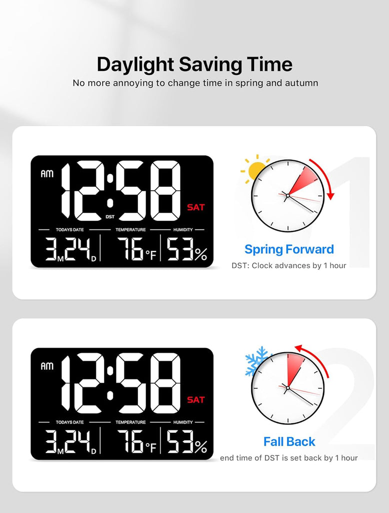 Digitale Wanduhr, 13-Zoll-Display, einstellbare Helligkeit, Kalenderanzeige mit Wochentag und Datum, Sommerzeit, Alarmen, Luftfeuchtigkeit und Temperaturanzeige.