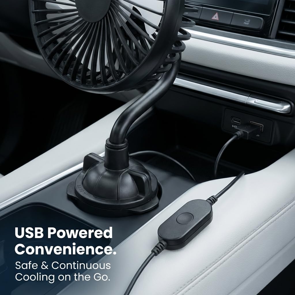 USB-betriebener Autoventilator mit Schwanenhals, geräuscharm, 3 Geschwindigkeitsstufen, verstellbar, tragbarer Wagenventilator für Getränkehalter im Auto, 12,7 cm (5 Zoll) Durchmesser, 360°-Drehung, Fahrzeugkühlung