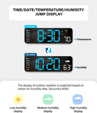 Laden Sie das Bild in den Galerie-Viewer, Digitale Wanduhr, Digitaluhr mit großem Display und Fernbedienung, kabelgebundener LED-Wecker mit Datums-, Wochentags-, Temperatur-, Luftfeuchtigkeits-, automatischer Sommerzeit- und Countdown-Funktion