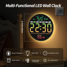 Digitale LED-Wanduhr mit Timer, Sekundenanzeige, Temperaturanzeige, Datumsanzeige, Sommerzeitanzeige, Nachtlicht, RGB-Farbanzeige, Wecker, 5-stufiger Displayhelligkeit, Digitaluhr