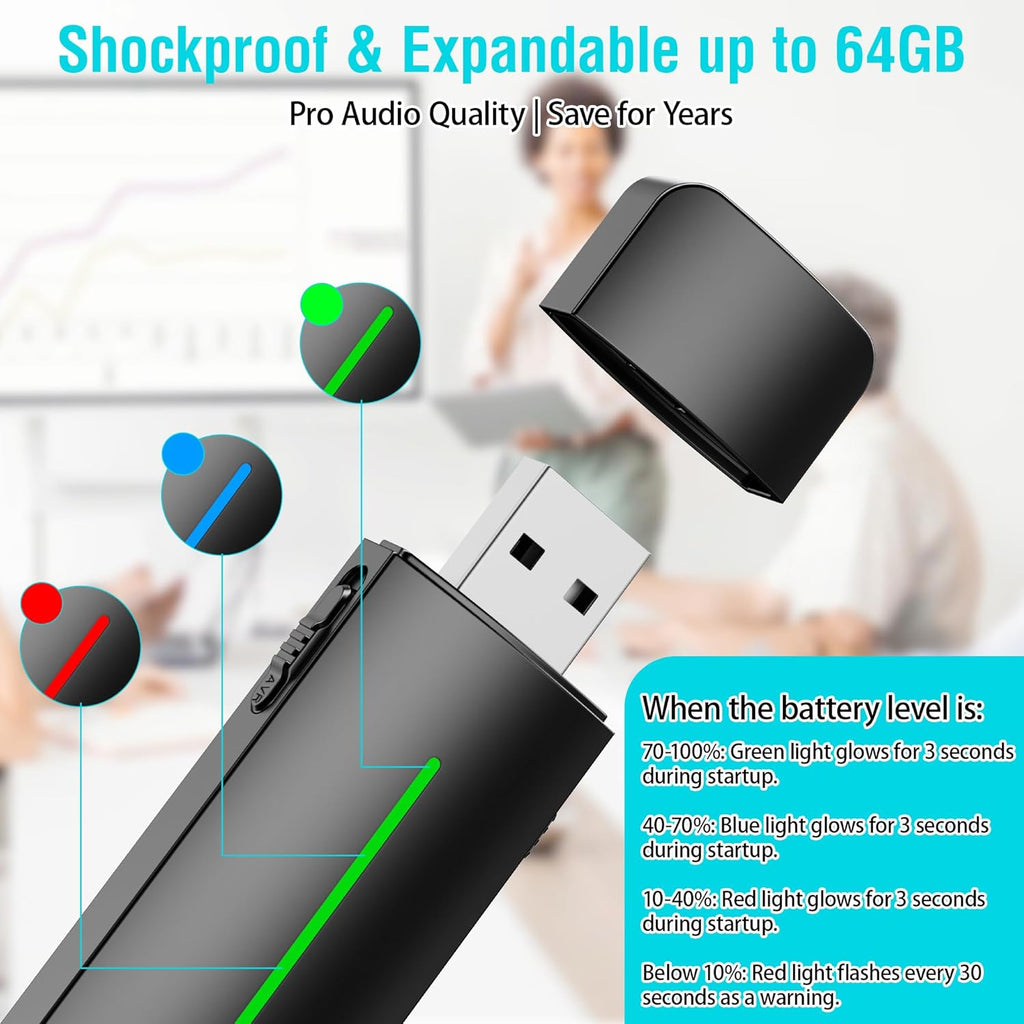 Sprachgesteuertes Aufnahmegerät, Diktiergerät, Sprachmemo-Gerät, USB-Digital-Audio-Notizgerät mit Wiedergabefunktion, Ein-Klick-Bedienung, 25 Tage Standby-Zeit