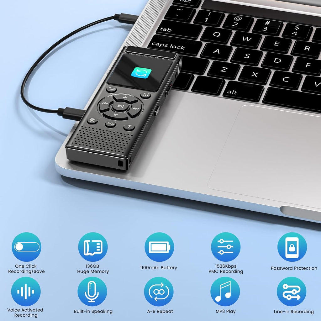 Digitaler Diktiergerät mit 136 GB Speicher, Wiedergabefunktion, 9000 Stunden Aufnahmekapazität, sprachgesteuerter Rekorder mit Rauschunterdrückung, A-B-Wiederholungsfunktion und MP3-Player