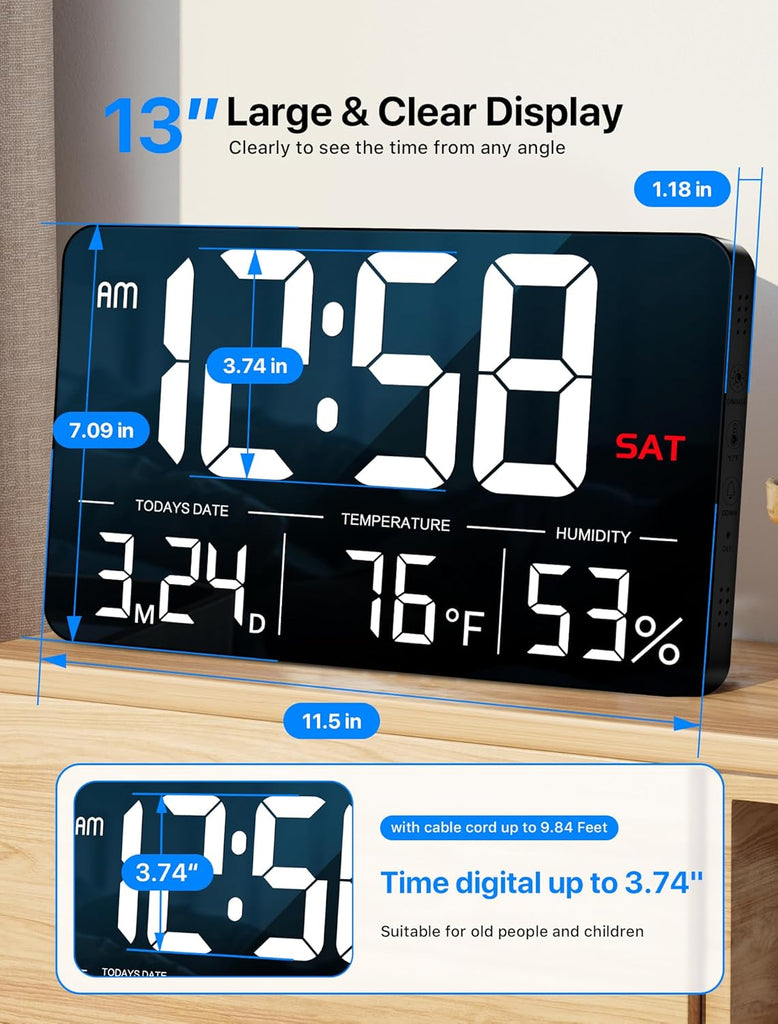 Digitale Wanduhr, 13-Zoll-Display, einstellbare Helligkeit, Kalenderanzeige mit Wochentag und Datum, Sommerzeit, Alarmen, Luftfeuchtigkeit und Temperaturanzeige.