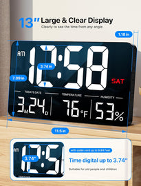 Digitale Wanduhr, 13-Zoll-Display, einstellbare Helligkeit, Kalenderanzeige mit Wochentag und Datum, Sommerzeit, Alarmen, Luftfeuchtigkeit und Temperaturanzeige.