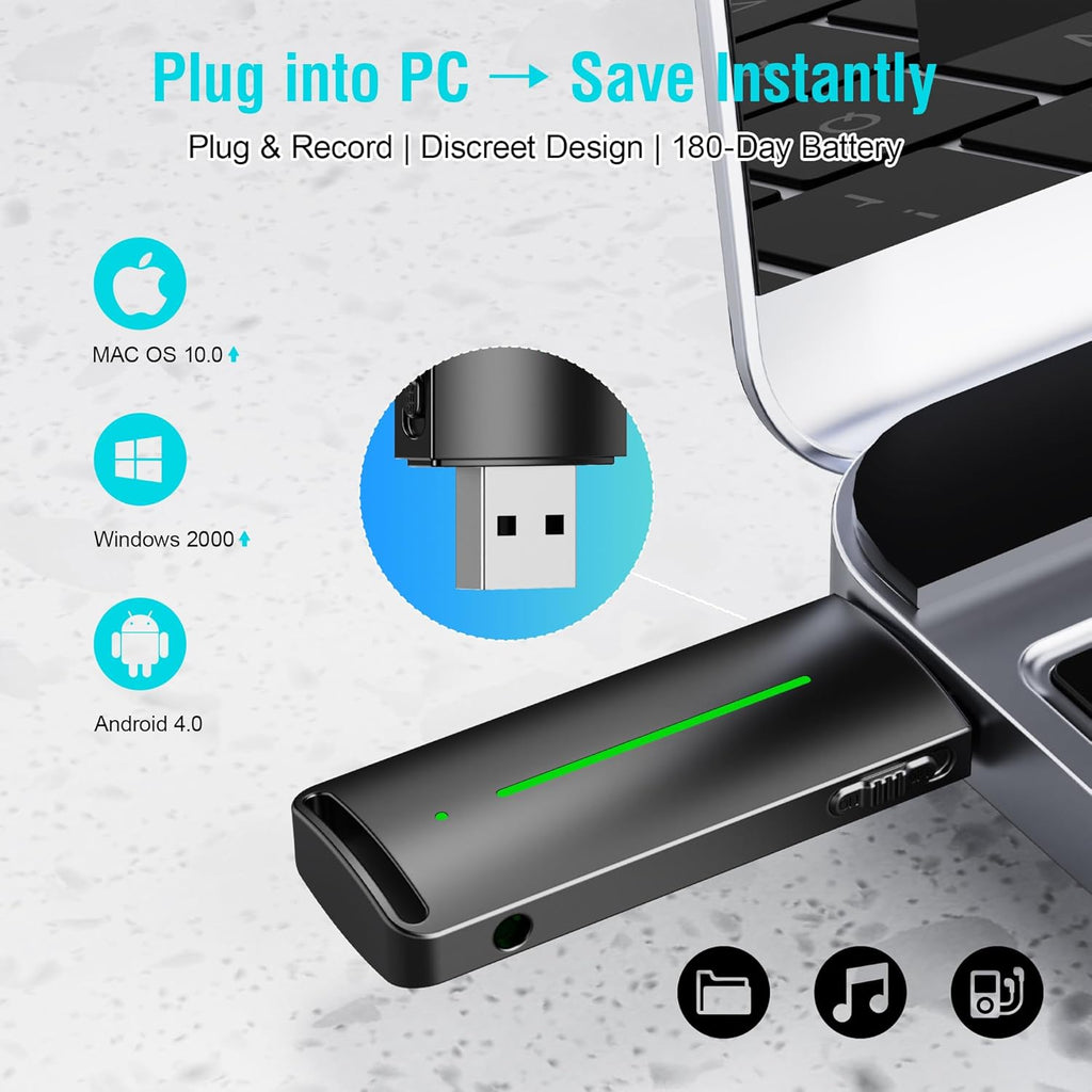 Sprachgesteuertes Aufnahmegerät, Diktiergerät, Sprachmemo-Gerät, USB-Digital-Audio-Notizgerät mit Wiedergabefunktion, Ein-Klick-Bedienung, 25 Tage Standby-Zeit