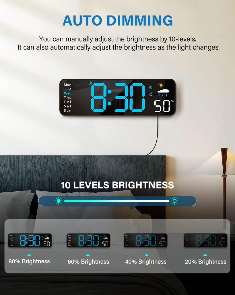 Digitale Wanduhr, Digitaluhr mit großem Display und Fernbedienung, kabelgebundener LED-Wecker mit Datums-, Wochentags-, Temperatur-, Luftfeuchtigkeits-, automatischer Sommerzeit- und Countdown-Funktion