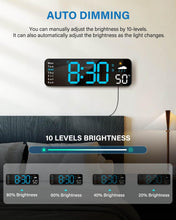 Laden Sie das Bild in den Galerie-Viewer, Digitale Wanduhr, Digitaluhr mit großem Display und Fernbedienung, kabelgebundener LED-Wecker mit Datums-, Wochentags-, Temperatur-, Luftfeuchtigkeits-, automatischer Sommerzeit- und Countdown-Funktion