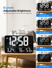 Laden Sie das Bild in den Galerie-Viewer, Digitale Wanduhr, 13-Zoll-Display, einstellbare Helligkeit, Kalenderanzeige mit Wochentag und Datum, Sommerzeit, Alarmen, Luftfeuchtigkeit und Temperaturanzeige.